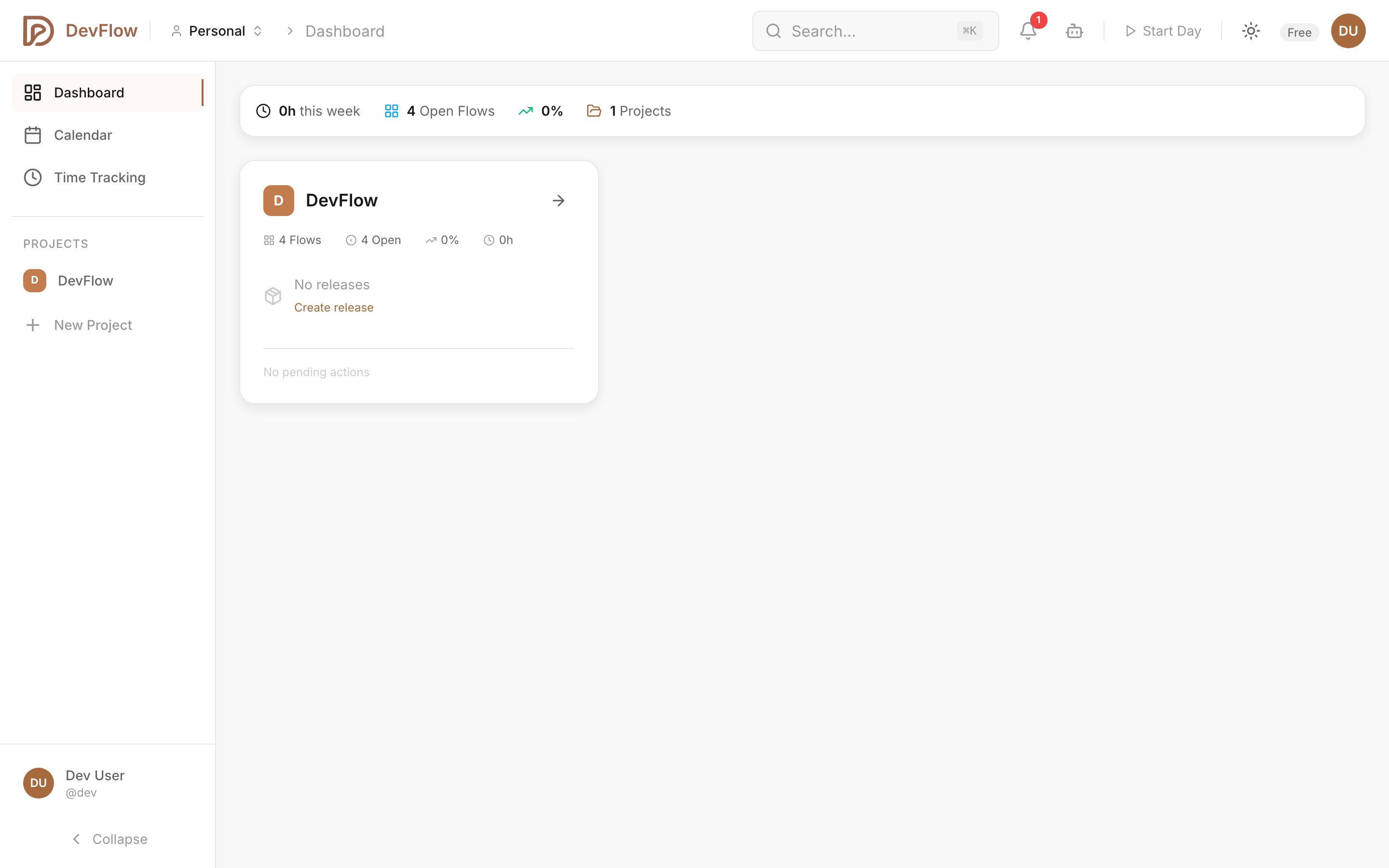 DevFlow dashboard with organization overview and team stats
