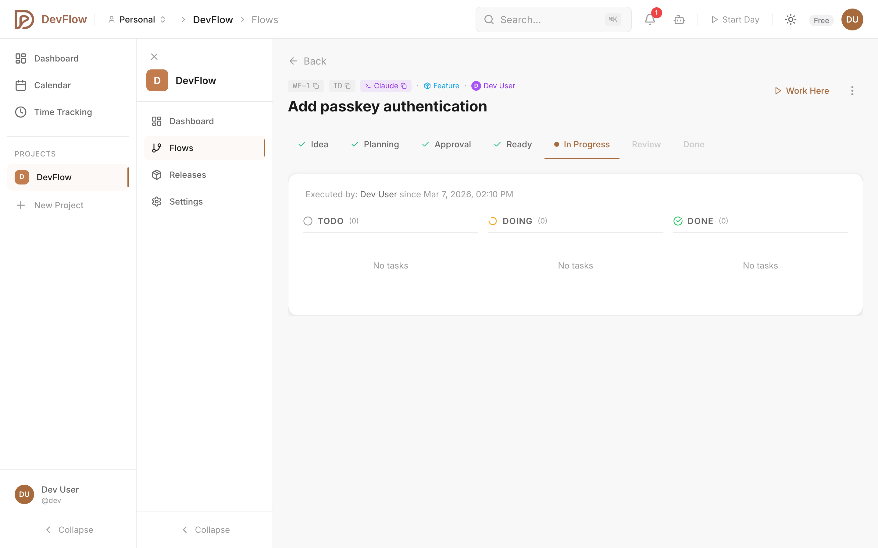 DevFlow flow detail with AI agent summary and implementation plan