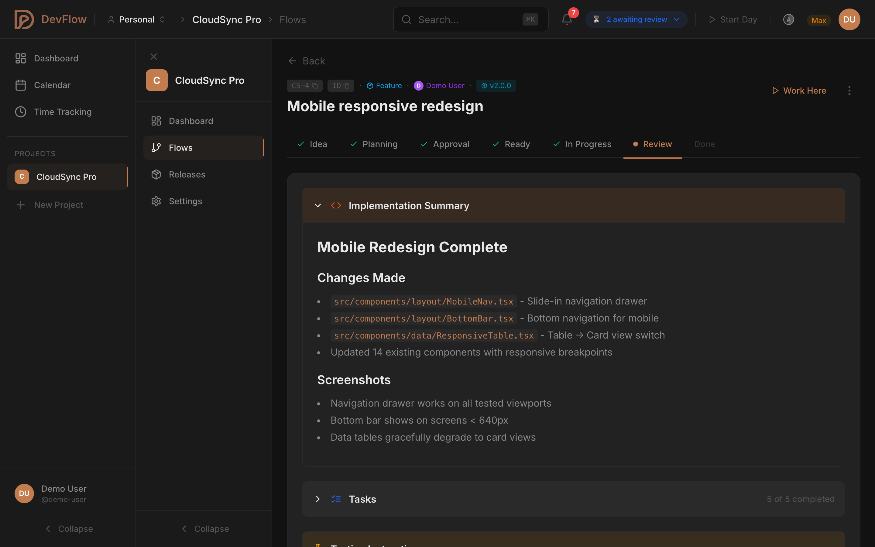 DevFlow flow detail with AI agent summary and implementation plan