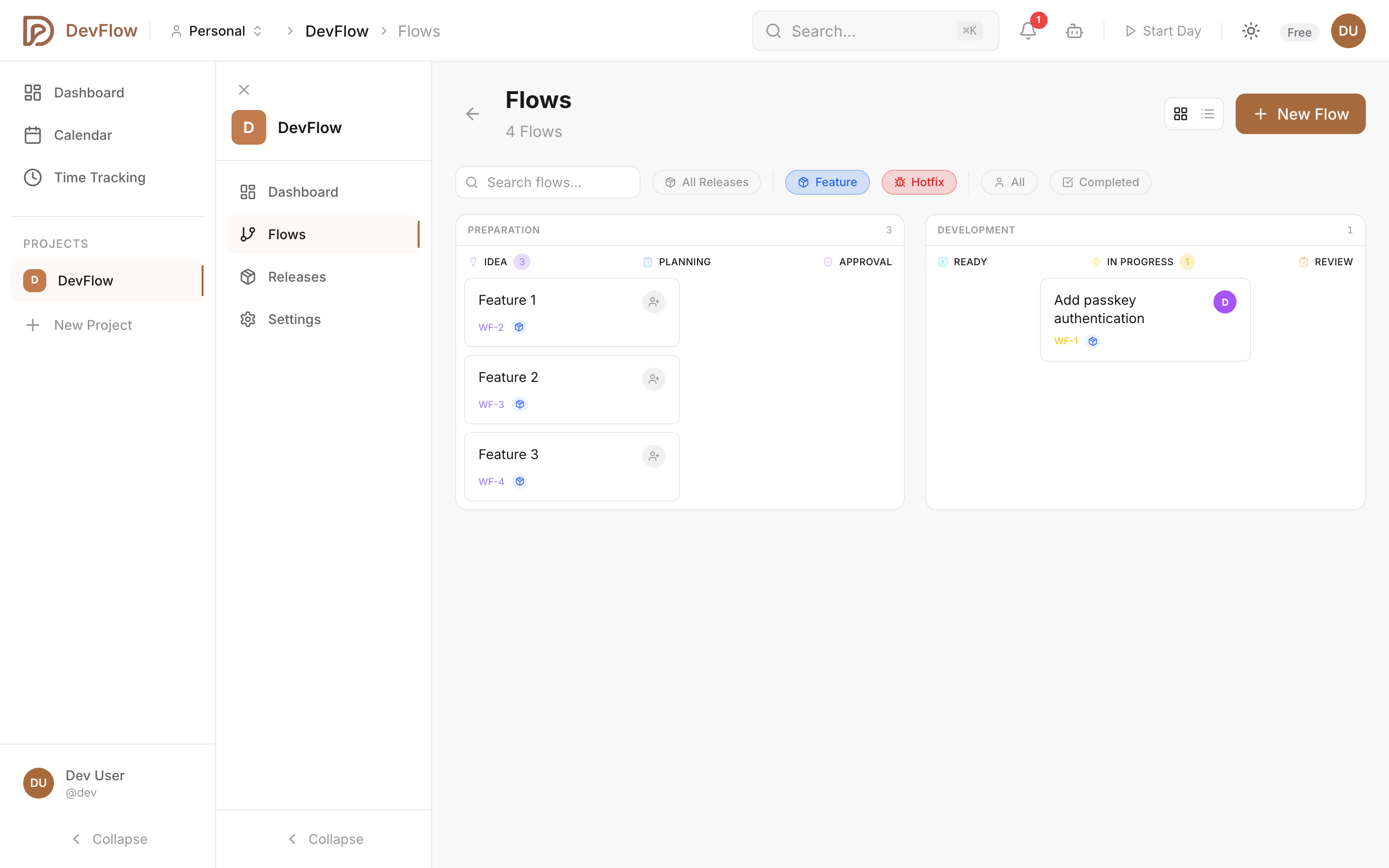 DevFlow Kanban board showing flows in different states