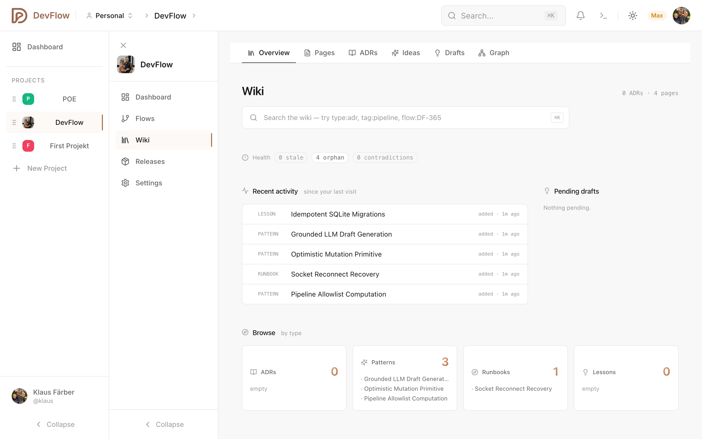 DevFlow project wiki with ADRs, patterns and runbooks