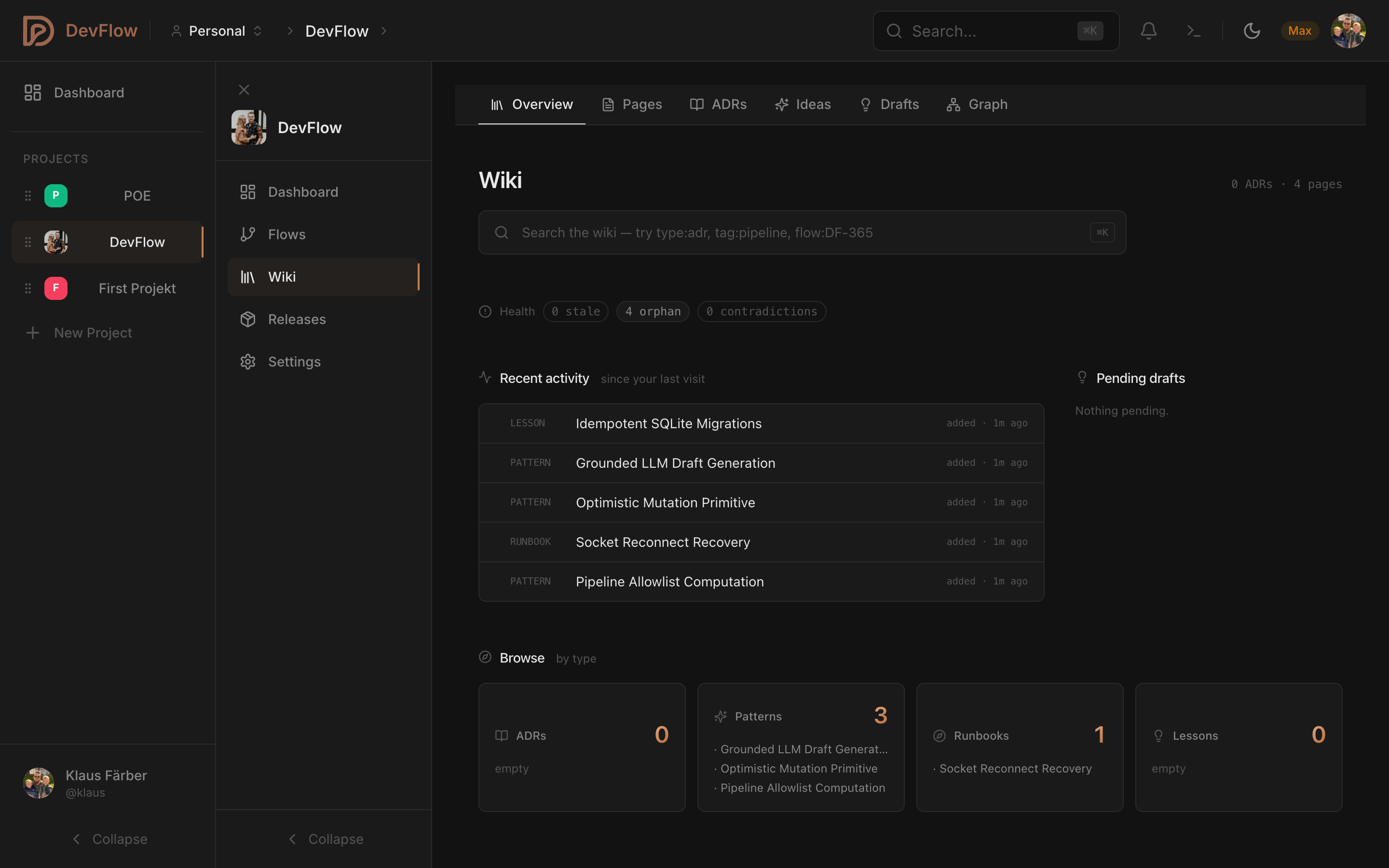 DevFlow project wiki with ADRs, patterns and runbooks