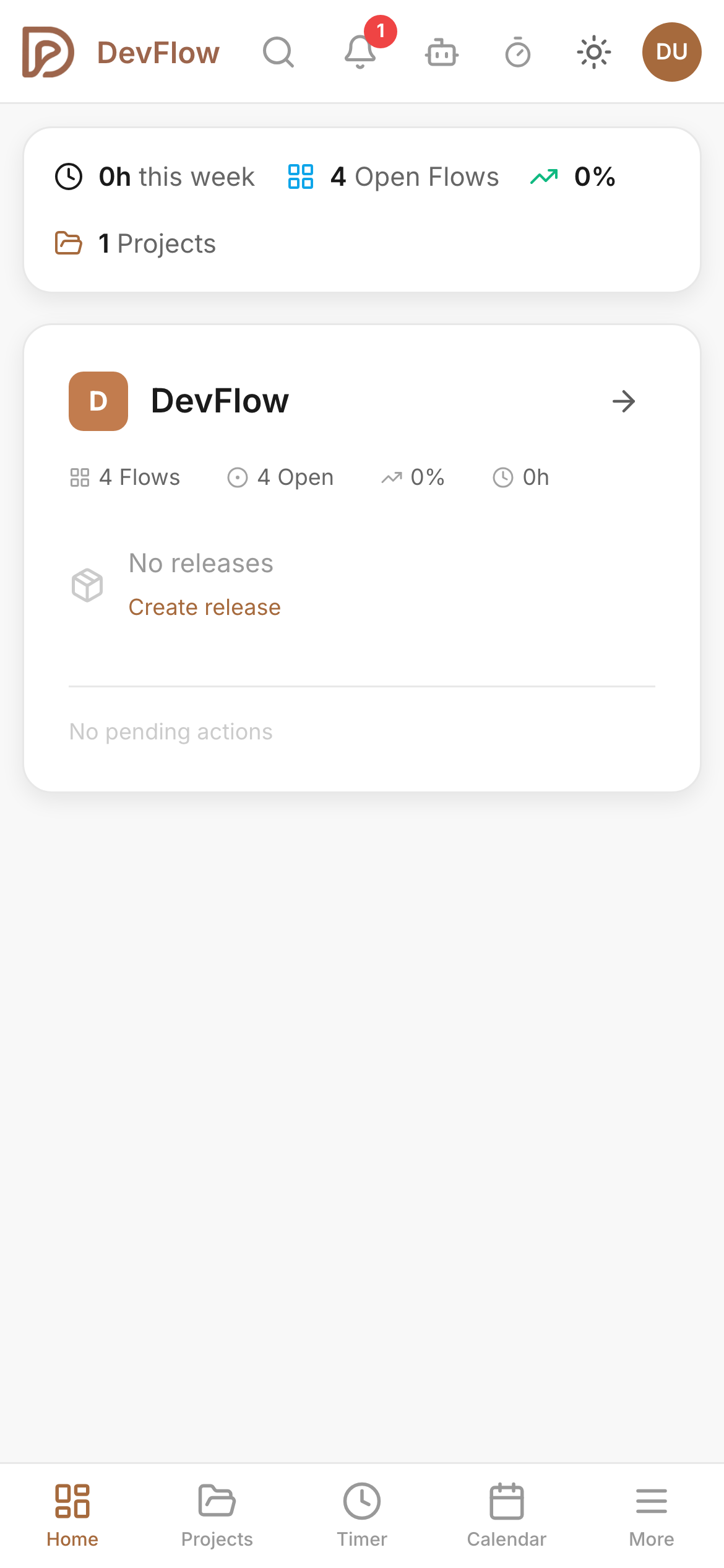 DevFlow dashboard on mobile