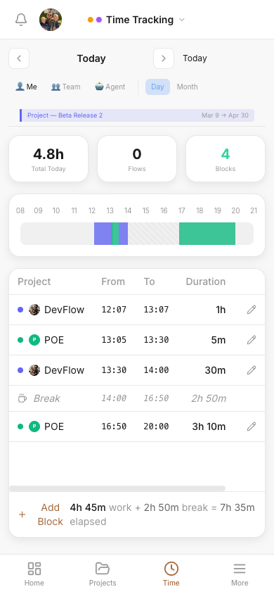 DevFlow time tracking on mobile