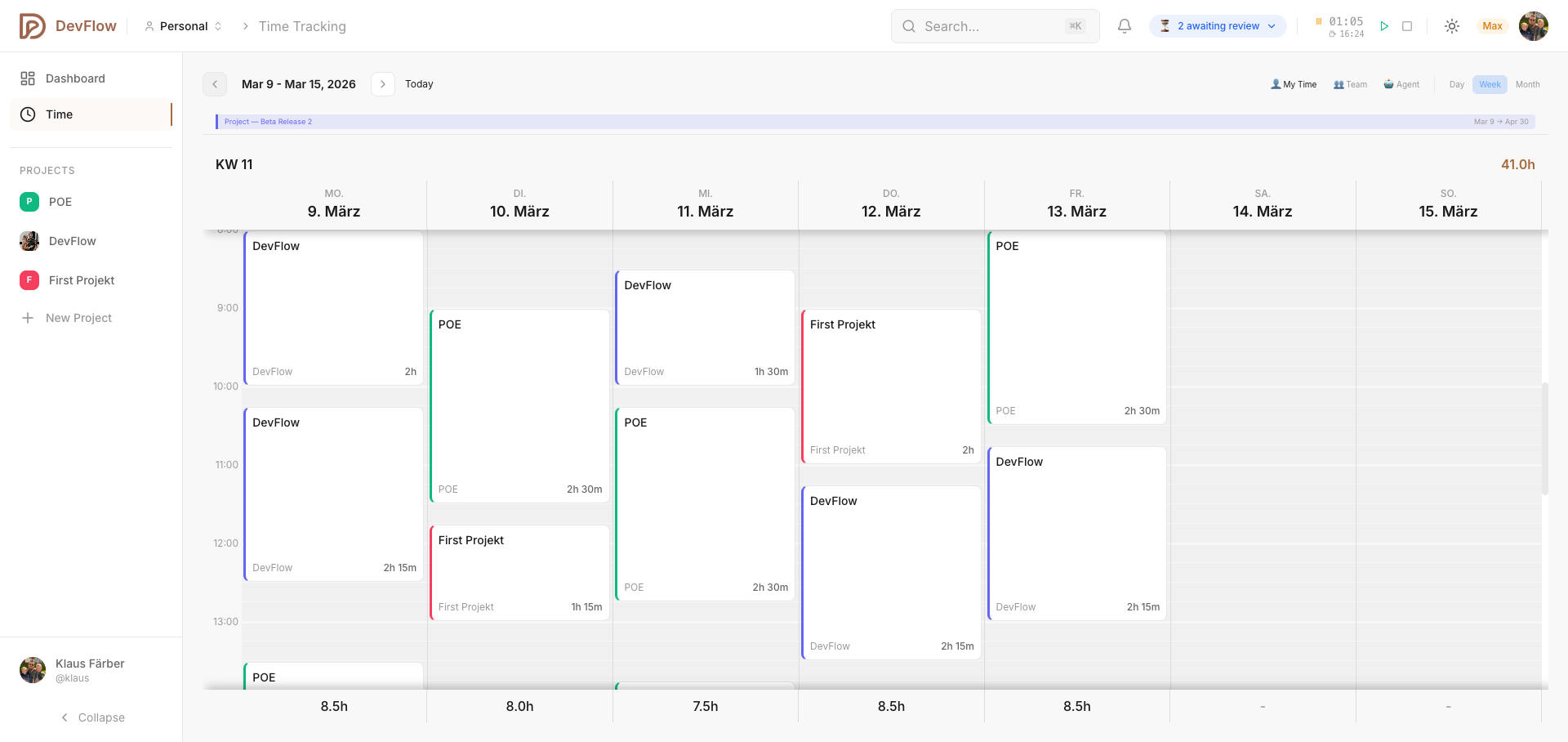 DevFlow time tracking with timer and time entries